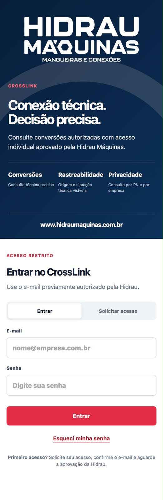 Tela real de acesso ao CrossLink: entrar, solicitar acesso, e-mail e senha