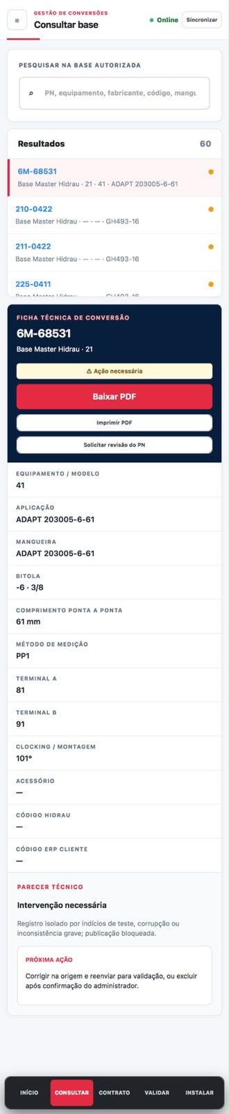 Tela real de consulta ao CrossLink, com pesquisa, resultados e ficha técnica de conversão