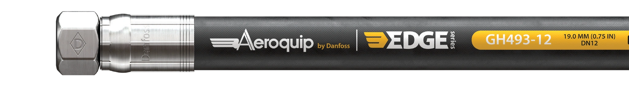 Detalhe oficial da mangueira Aeroquip by Danfoss EDGE GH493-12, apresentada na horizontal com terminal, marca e referência em destaque